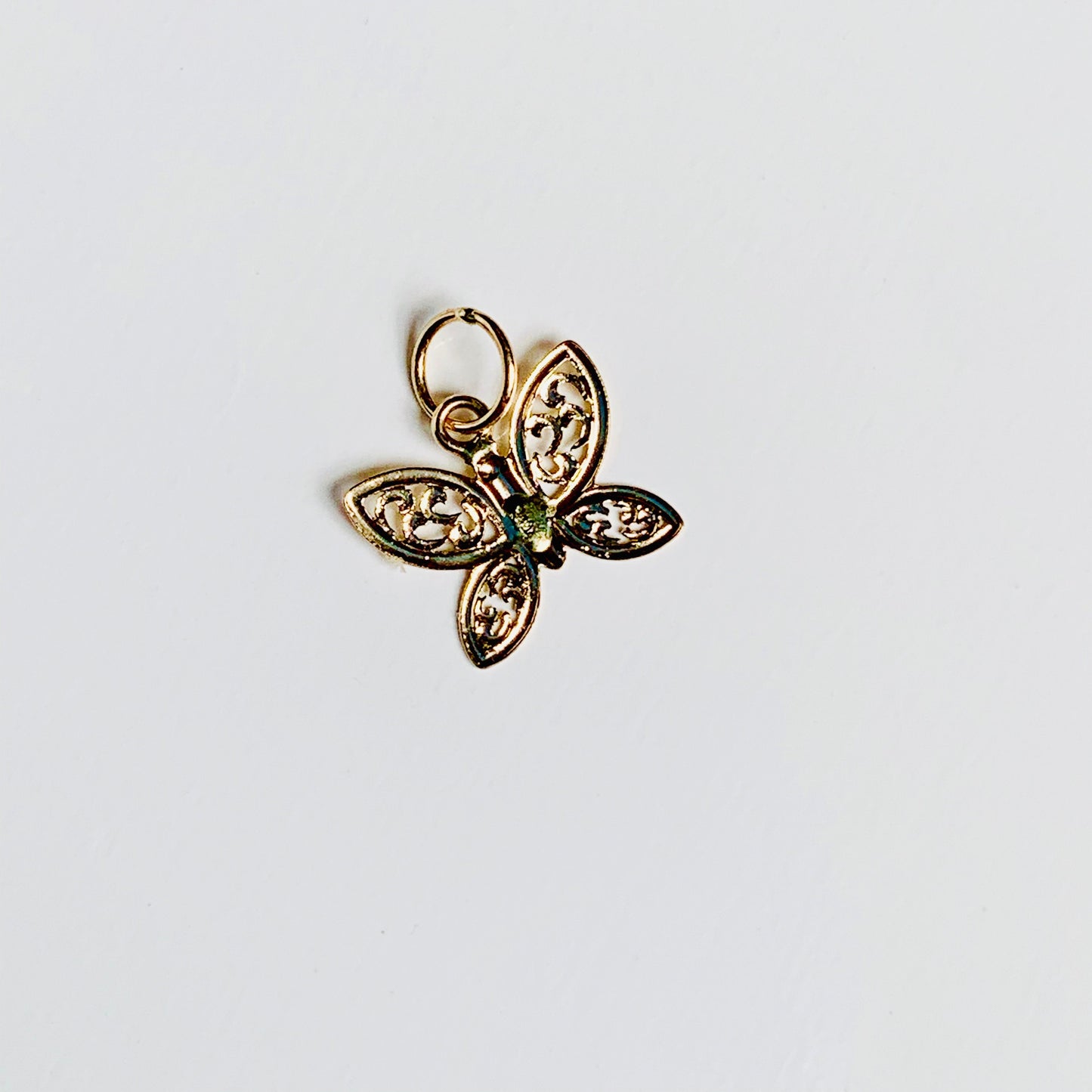 14K Solid Yellow Gold Delicate Filigree Butterfly Charm / Pendant 8mm x 94mm *optional 14K Gold Cable Link Chain 16" or 18"