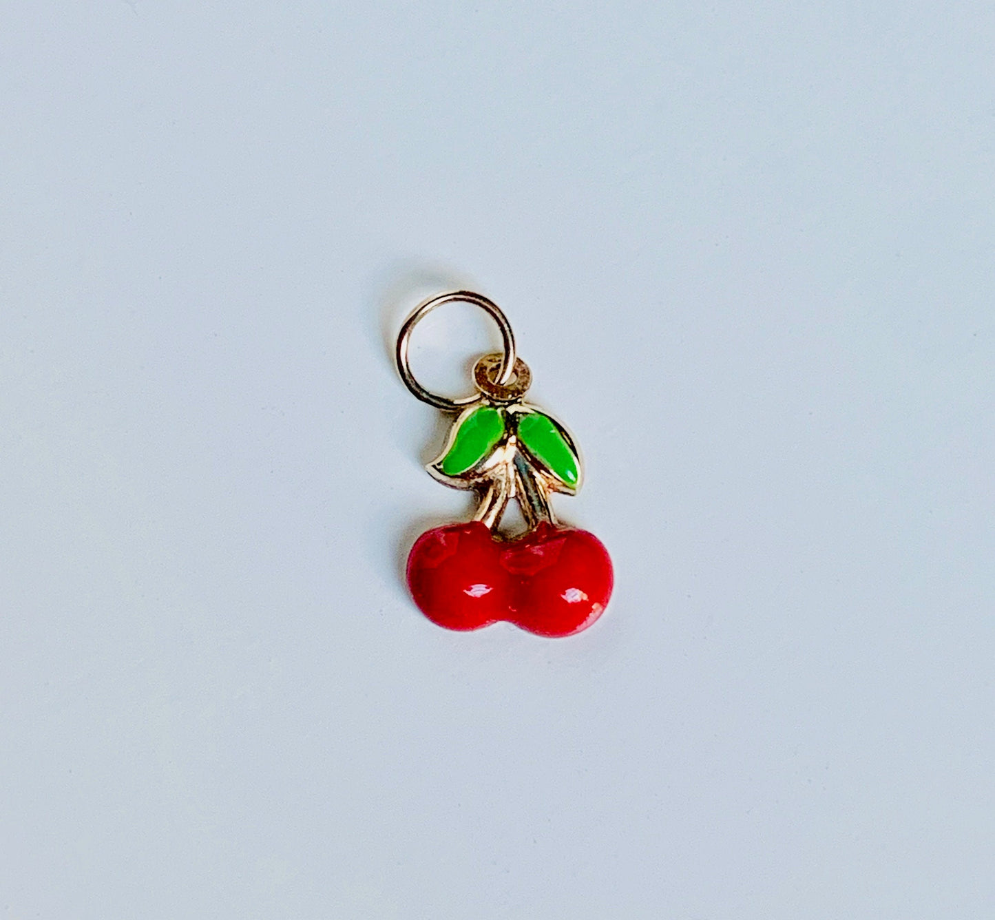 14K Solid Yellow Gold Tiny Delicate Puffy Enamel Red Cherry Charm / Pendant