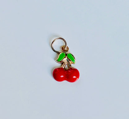 14K Solid Yellow Gold Tiny Delicate Puffy Enamel Red Cherry Charm / Pendant