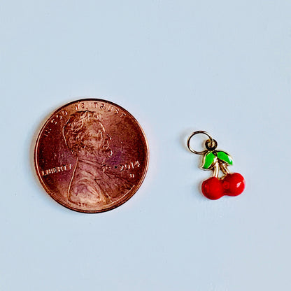 14K Solid Yellow Gold Tiny Delicate Puffy Enamel Red Cherry Charm / Pendant