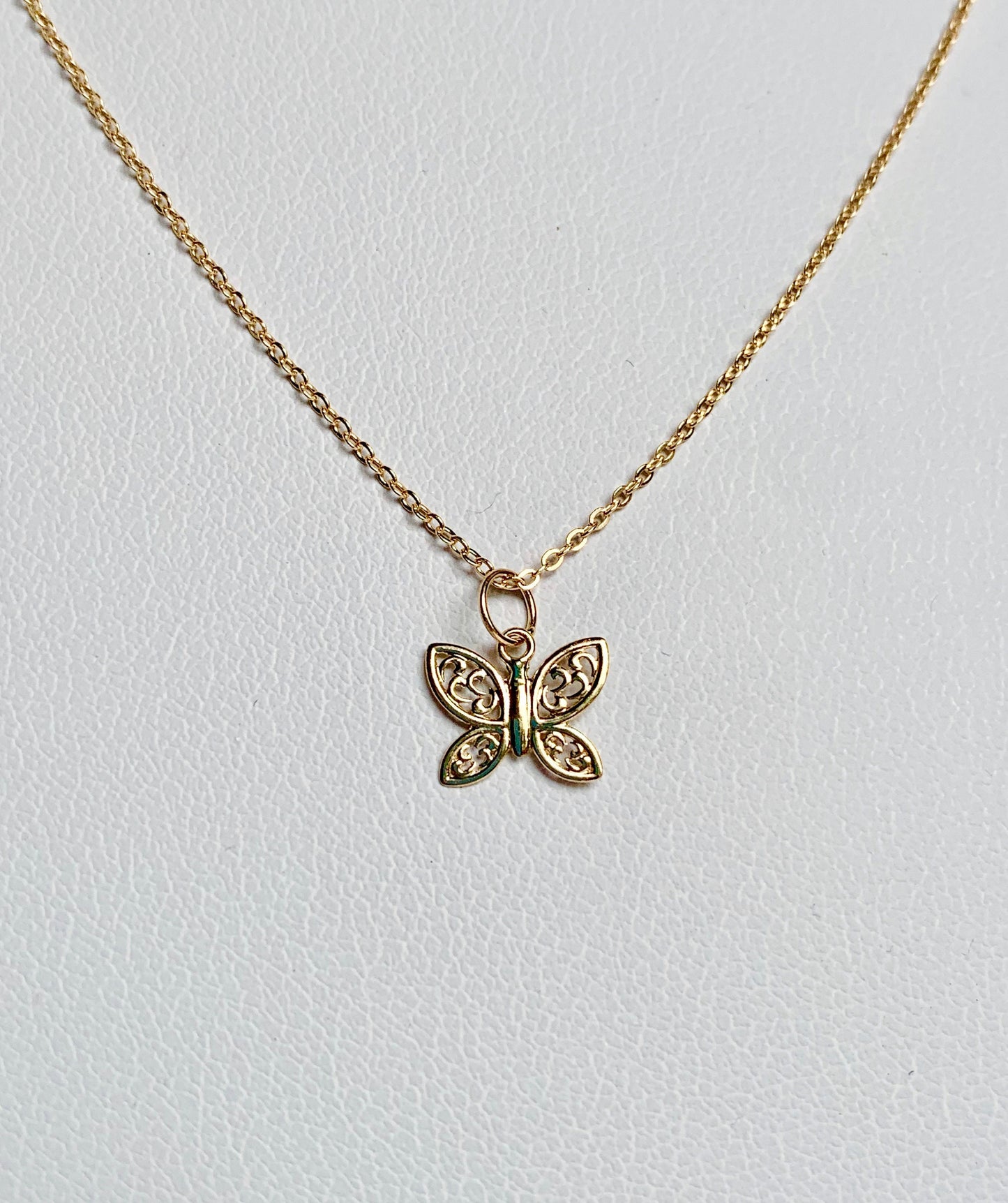 14K Solid Yellow Gold Delicate Filigree Butterfly Charm / Pendant 8mm x 94mm *optional 14K Gold Cable Link Chain 16" or 18"