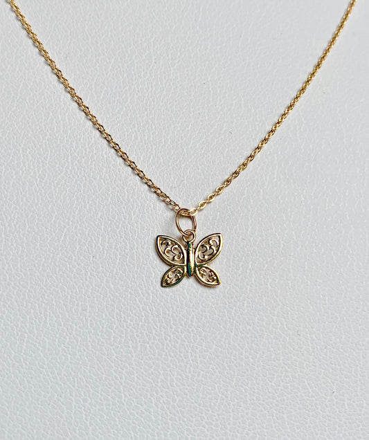 14K Solid Yellow Gold Delicate Filigree Butterfly Charm / Pendant 8mm x 94mm *optional 14K Gold Cable Link Chain 16" or 18"