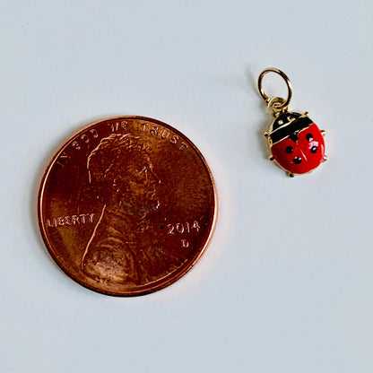 14K Yellow Gold Tiny Delicate Puffy Enamel Lady Bug Charm / Pendant 10mm x 7.3mm optional 14K Gold Cable Link Chain 16" or 18"