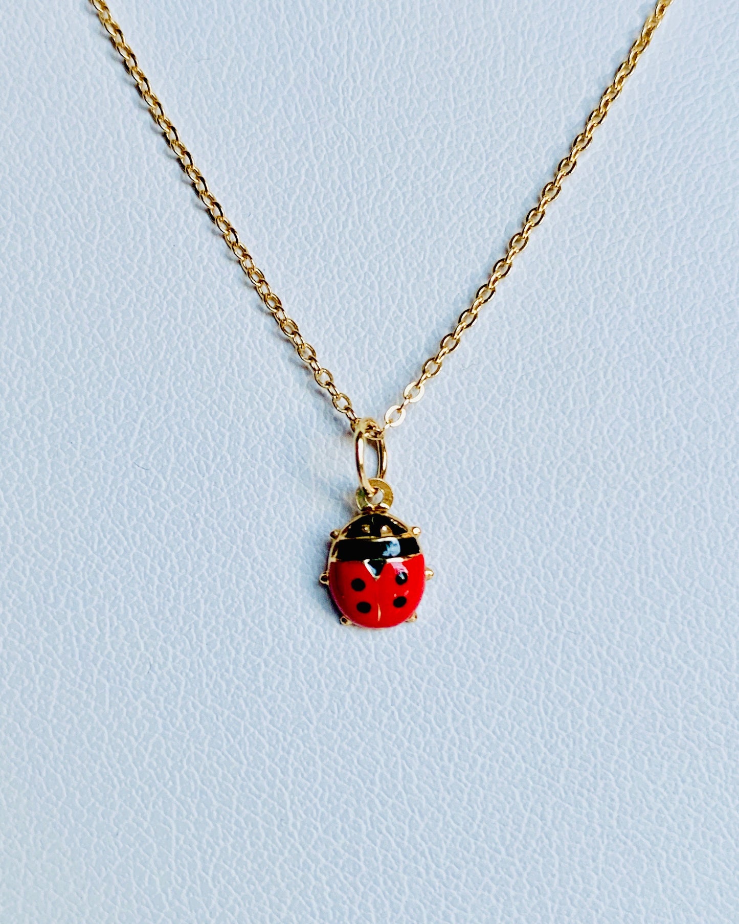 14K Yellow Gold Tiny Delicate Puffy Enamel Lady Bug Charm / Pendant 10mm x 7.3mm optional 14K Gold Cable Link Chain 16" or 18"