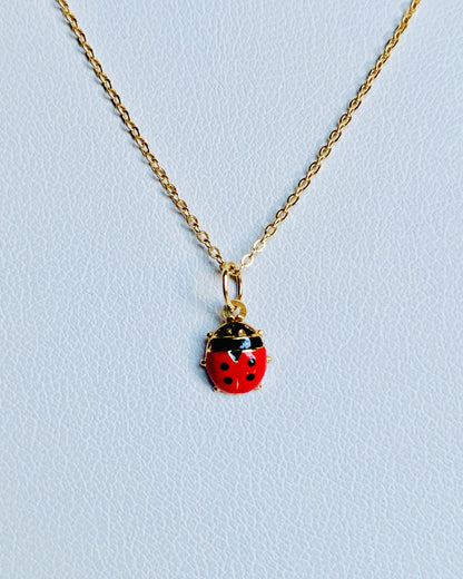 14K Yellow Gold Tiny Delicate Puffy Enamel Lady Bug Charm / Pendant 10mm x 7.3mm optional 14K Gold Cable Link Chain 16" or 18"