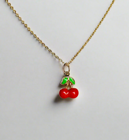 14K Solid Yellow Gold Tiny Delicate Puffy Enamel Red Cherry Charm / Pendant