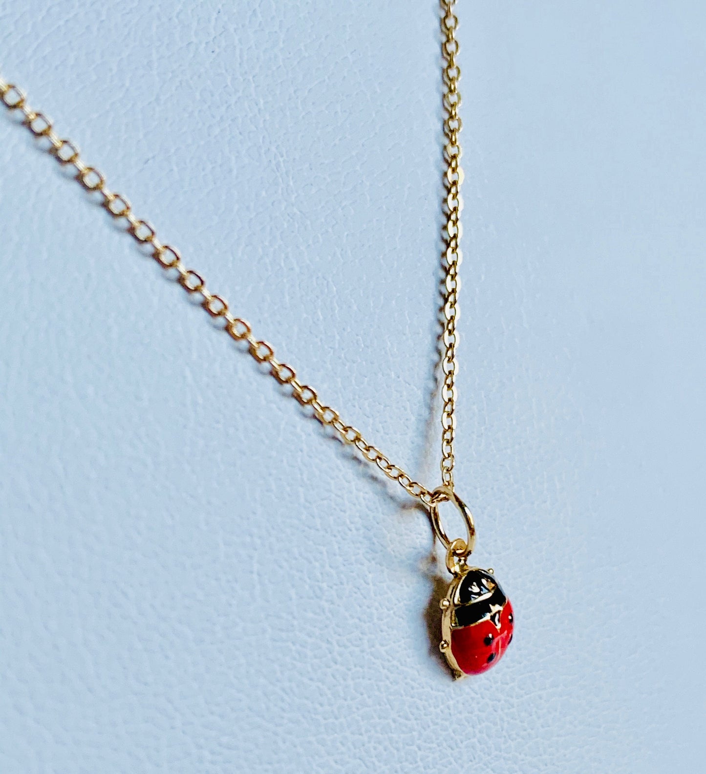 14K Yellow Gold Tiny Delicate Puffy Enamel Lady Bug Charm / Pendant 10mm x 7.3mm optional 14K Gold Cable Link Chain 16" or 18"