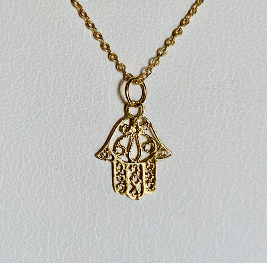 14K Solid Yellow Gold Filigree Hamsa Hand Charm / Pendant / Necklace 14mm x 10.5mm *optional 14K Gold Cable Link Chain 16" or 18"