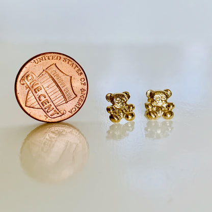 14K Solid Gold Puffy Teddy Bear Post Earrings / Stud Earrings / Push Back Studs