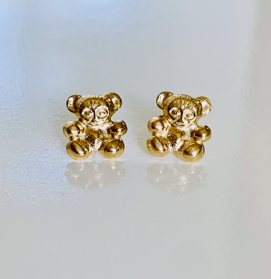 14K Solid Gold Puffy Teddy Bear Post Earrings / Stud Earrings / Push Back Studs