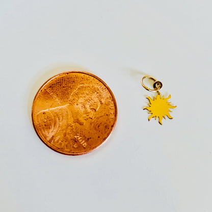 14K Solid Yellow Gold Tiny Delicate Sun / Sunburst Charm / Pendant 7mm x 7mm optional 14K Gold Cable Link Chain 16" or 18"