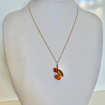 14K Solid Gold Floral Freeform Asymmetric Pendant with Genuine Carved Coral *optional 14K Gold Chain