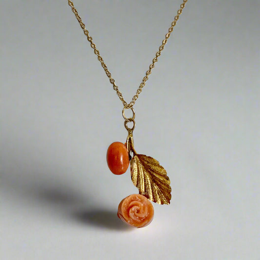 14K Solid Gold Floral Freeform Asymmetric Pendant with Genuine Carved Coral *optional 14K Gold Chain