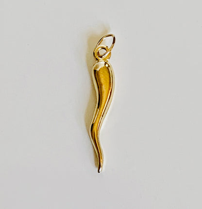 14K Gold 24mm Italian Horn Charm / Pendant - Corno 3D Cornicello Good Luck Devils Horn optional 14K Gold Cable Link Chain