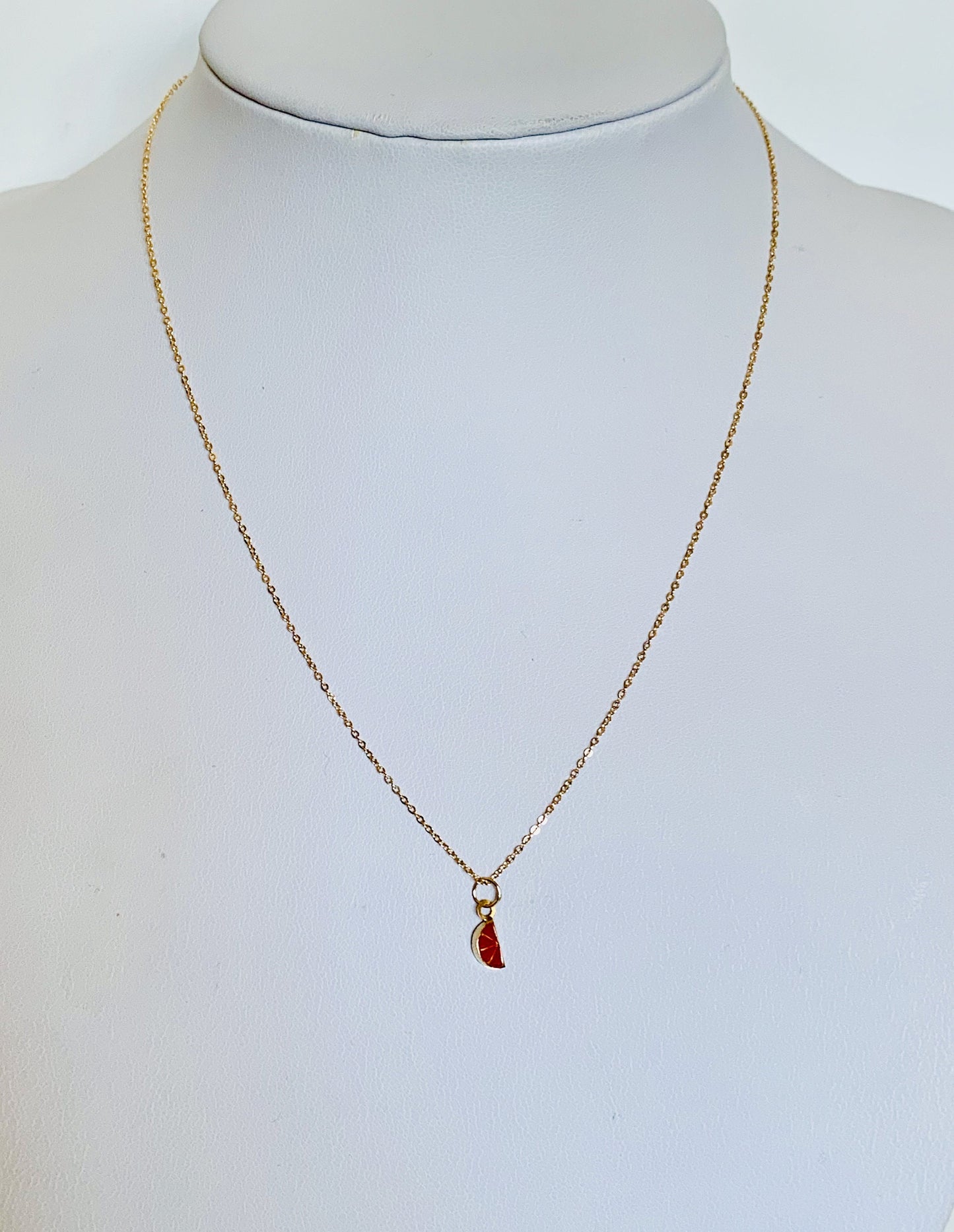 14K Yellow Gold Tiny Delicate Red Enamel 3D Grapefruit Slice / Blood Orange Pendant / Charm with optional 14K Gold Cable Link Chain