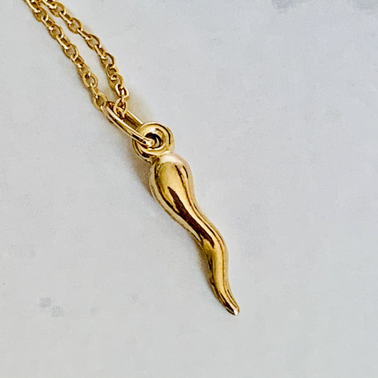 14K Yellow Gold 15mm Italian Horn Charm / Pendant - Corno 3D Cornicello Good Luck Devils Horn optional 14K Gold Cable Link Chain