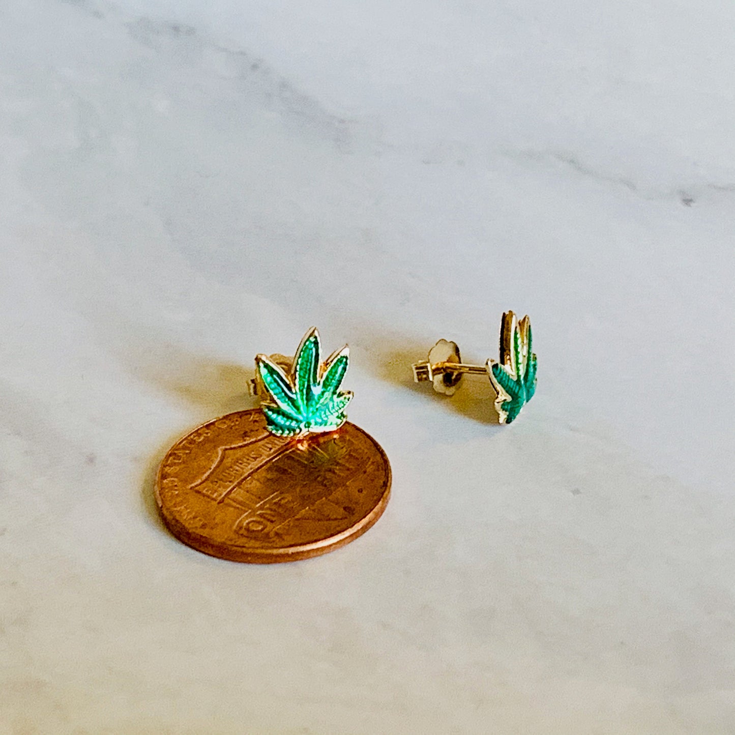 14K Solid Yellow Gold Green Enamel Marijuana Leaf / Cannabis Leaf Stud Earrings 9mm x 8mm