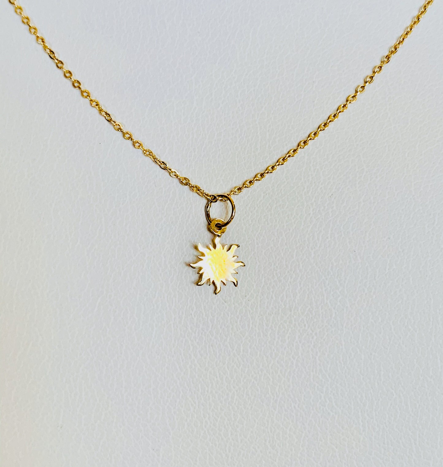 14K Solid Yellow Gold Tiny Delicate Sun / Sunburst Charm / Pendant 7mm x 7mm optional 14K Gold Cable Link Chain 16" or 18"