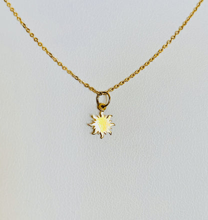 14K Solid Yellow Gold Tiny Delicate Sun / Sunburst Charm / Pendant 7mm x 7mm optional 14K Gold Cable Link Chain 16" or 18"