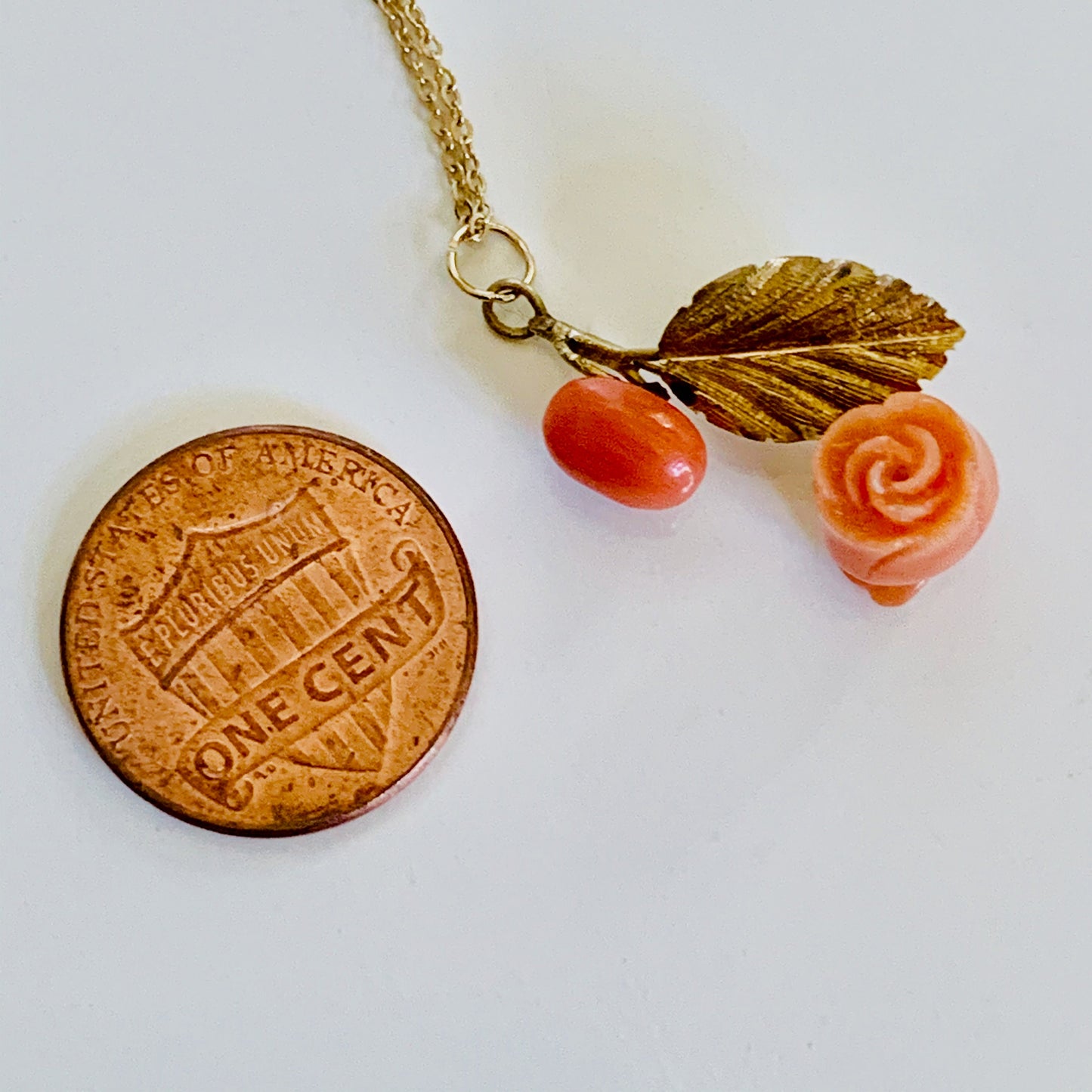 14K Solid Gold Floral Freeform Asymmetric Pendant with Genuine Carved Coral *optional 14K Gold Chain