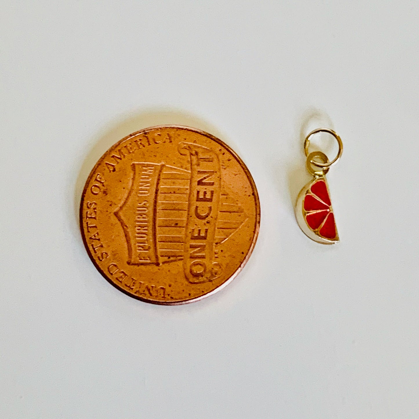 14K Yellow Gold Tiny Delicate Red Enamel 3D Grapefruit Slice / Blood Orange Pendant / Charm with optional 14K Gold Cable Link Chain