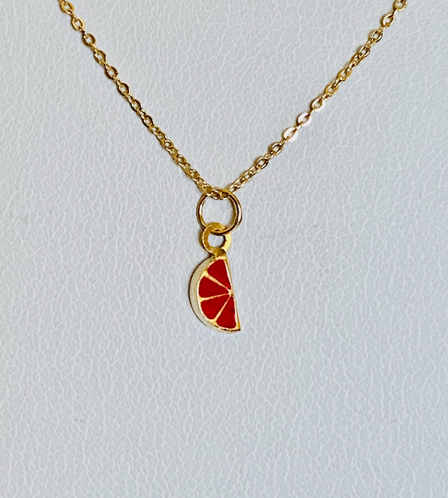 14K Yellow Gold Tiny Delicate Red Enamel 3D Grapefruit Slice / Blood Orange Pendant / Charm with optional 14K Gold Cable Link Chain