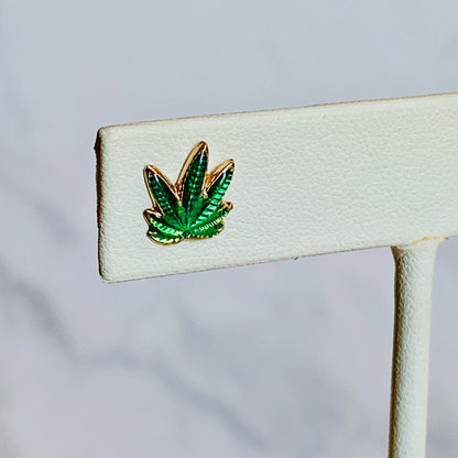 14K Solid Yellow Gold Green Enamel Marijuana Leaf / Cannabis Leaf Stud Earrings 9mm x 8mm