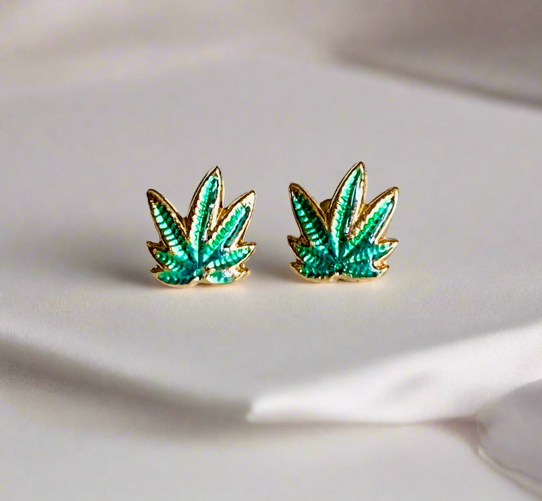 14K Solid Yellow Gold Green Enamel Marijuana Leaf / Cannabis Leaf Stud Earrings 9mm x 8mm