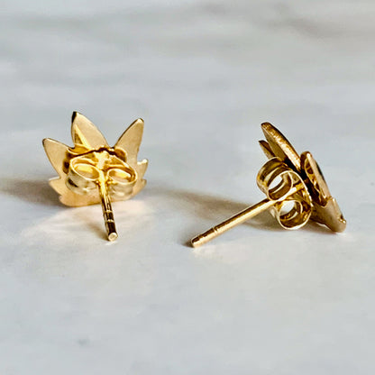 14K Solid Yellow Gold Green Enamel Marijuana Leaf / Cannabis Leaf Stud Earrings 9mm x 8mm