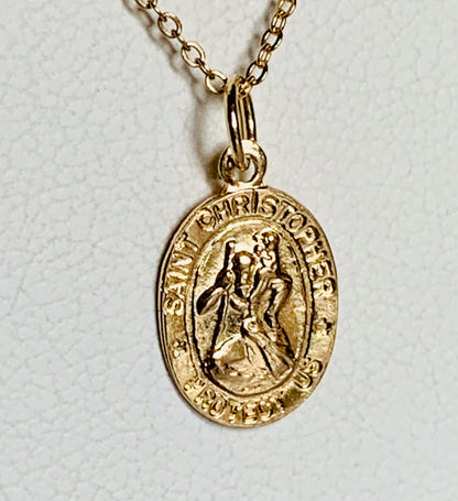 14K Solid Yellow Gold St. Christopher Protect Us Charm / Pendant / Necklace 12mm x 9mm *optional 14K Gold Cable Link Chain 16" or 18"