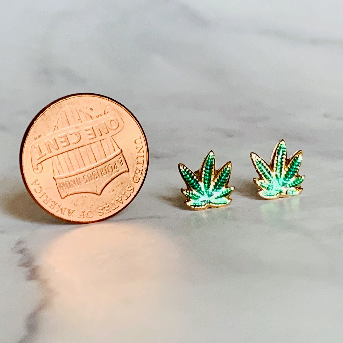 14K Solid Yellow Gold Green Enamel Marijuana Leaf / Cannabis Leaf Stud Earrings 9mm x 8mm