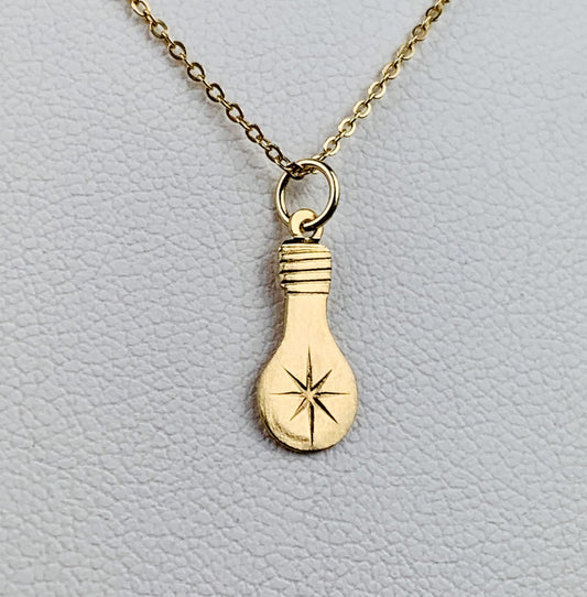 14K Solid Gold Light Bulb Pendant with Sunburst Etching Detail - Bright Idea Charm - 13mm x 6mm