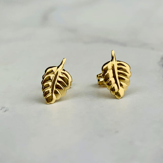 14K Solid Gold Leaf Studs / Engraved Leaf Stud Earrings