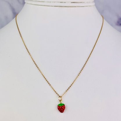 14K Yellow Gold Delicate Red Enamel Strawberry Charm / Pendant *optional Gold / Gold-filled Chain