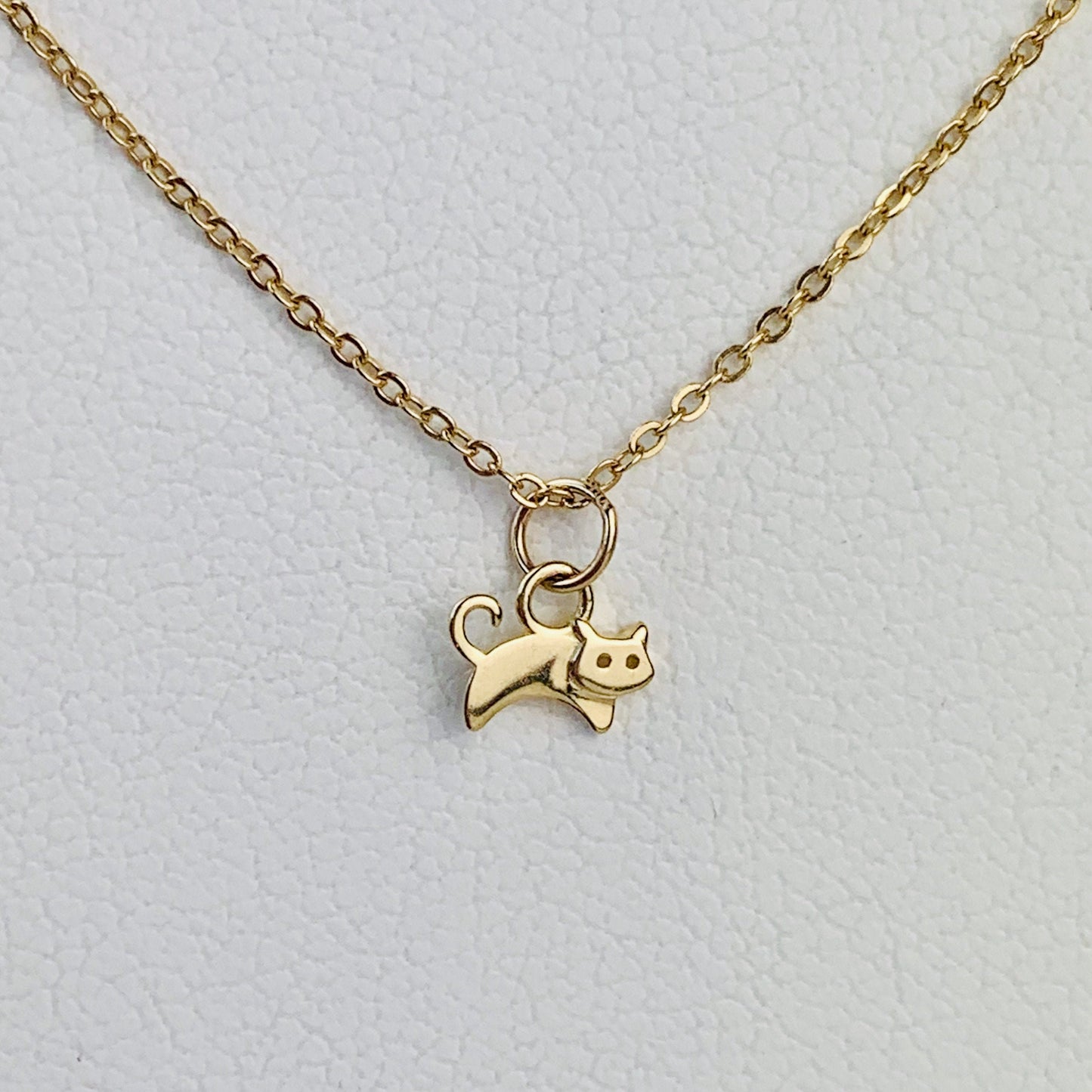 14K Solid Yellow Gold Tiny Delicate Cat / Kitty Charm 6mm x 4.5mm optional 14K Gold Cable Link Chain 16" or 18"