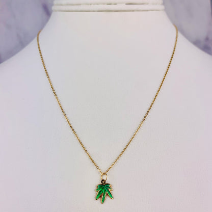 14K Yellow Gold Baked Green Enamel Marijuana Leaf / Cannabis Leaf Charm / Pendant optional 14K Gold/GF Cable Link Chain 16" or 18"