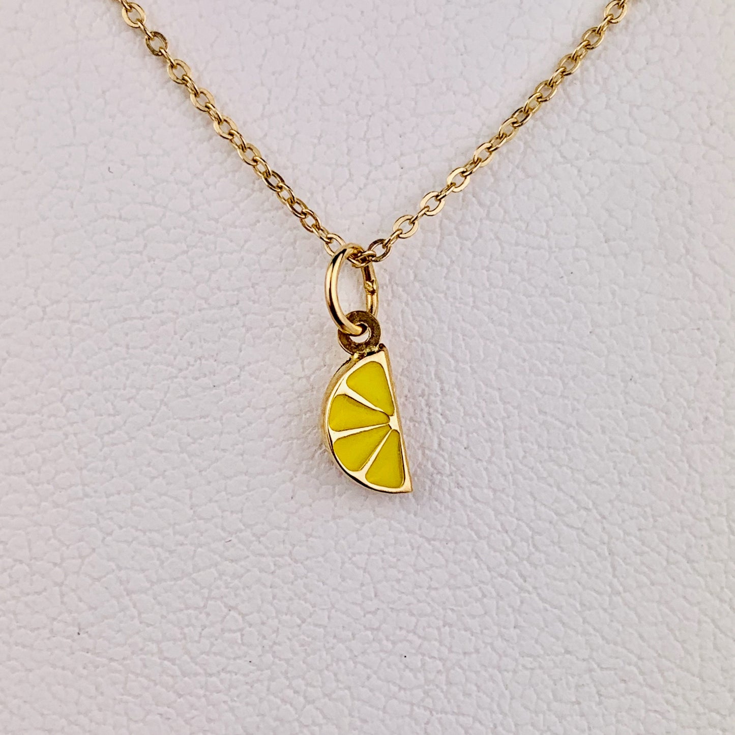 14K Yellow Gold Tiny Delicate Enamel 3D Lemon Slice Pendant / Charm with optional 14K Gold Cable Link Chain