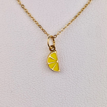 14K Yellow Gold Tiny Delicate Enamel 3D Lemon Slice Pendant / Charm with optional 14K Gold Cable Link Chain