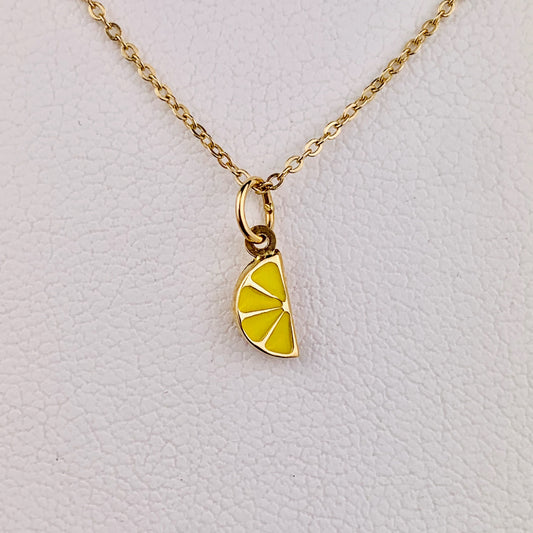 14K Yellow Gold Tiny Delicate Enamel 3D Lemon Slice Pendant / Charm with optional 14K Gold Cable Link Chain