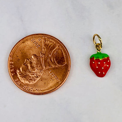 14K Yellow Gold Delicate Red Enamel Strawberry Charm / Pendant *optional Gold / Gold-filled Chain