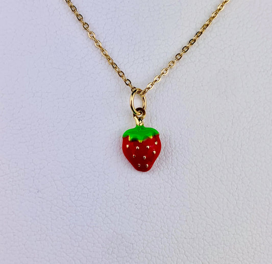 14K Yellow Gold Delicate Red Enamel Strawberry Charm / Pendant *optional Gold / Gold-filled Chain