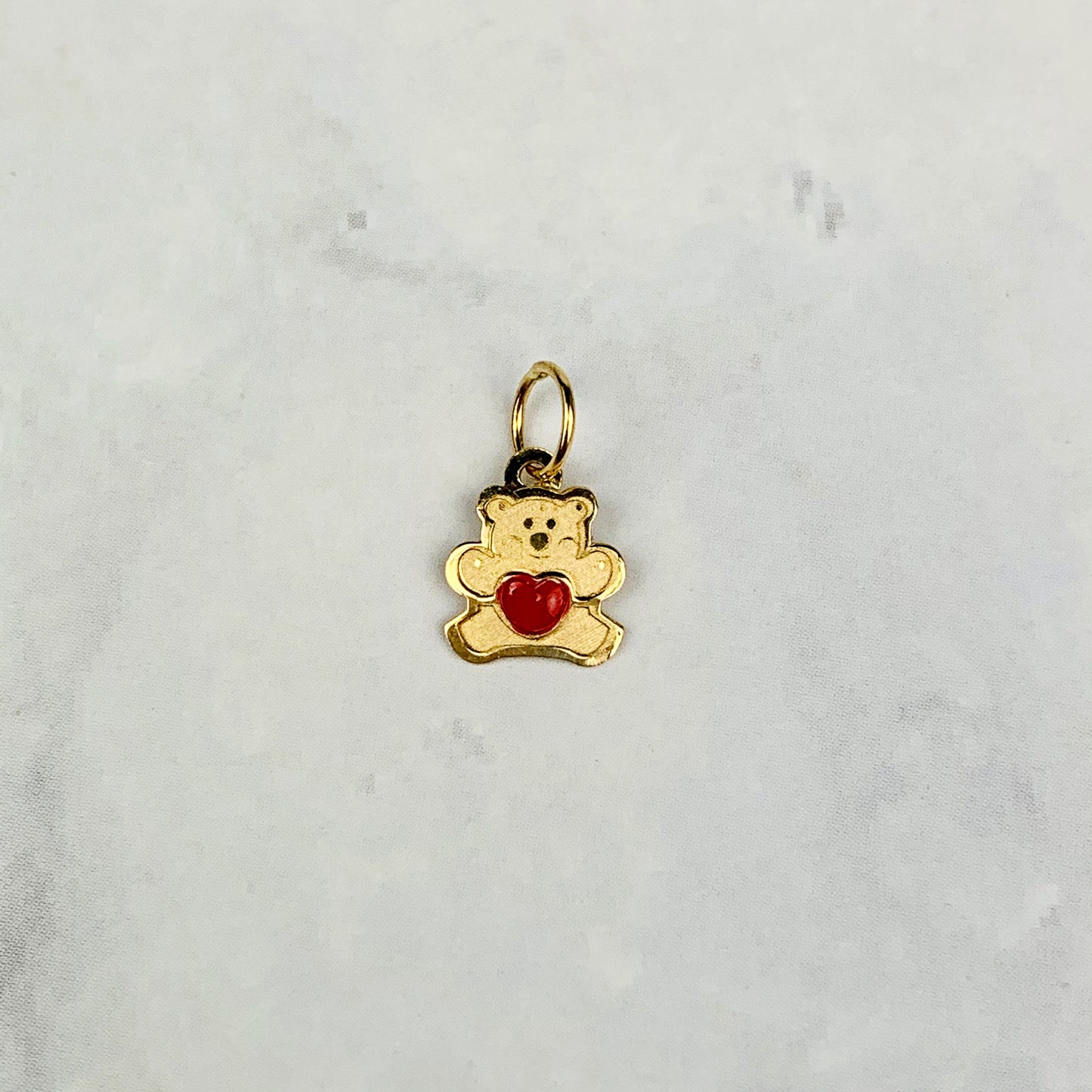 14K Solid Yellow Gold Tiny Delicate Enameled Teddy Bear with Red Heart Charm / Pendant 7.6mm x 6.5mm