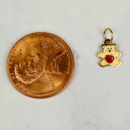 14K Solid Yellow Gold Tiny Delicate Enameled Teddy Bear with Red Heart Charm / Pendant 7.6mm x 6.5mm