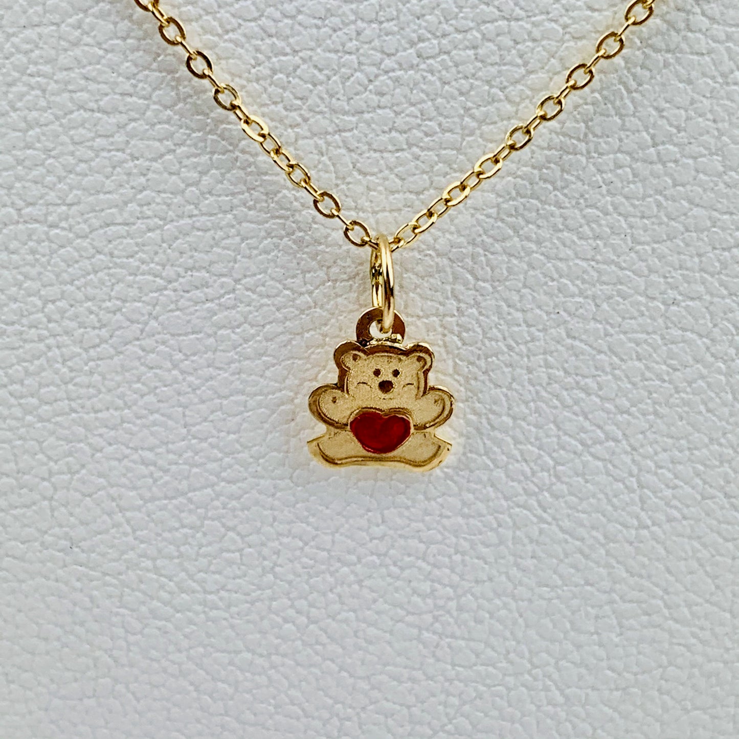 14K Solid Yellow Gold Tiny Delicate Enameled Teddy Bear with Red Heart Charm / Pendant 7.6mm x 6.5mm