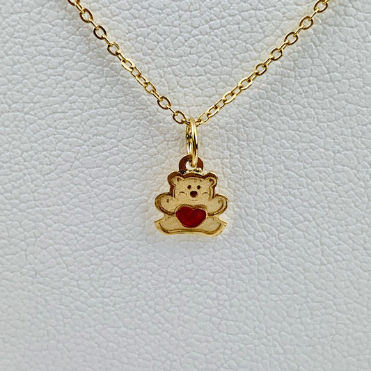 14K Solid Yellow Gold Tiny Delicate Enameled Teddy Bear with Red Heart Charm / Pendant 7.6mm x 6.5mm