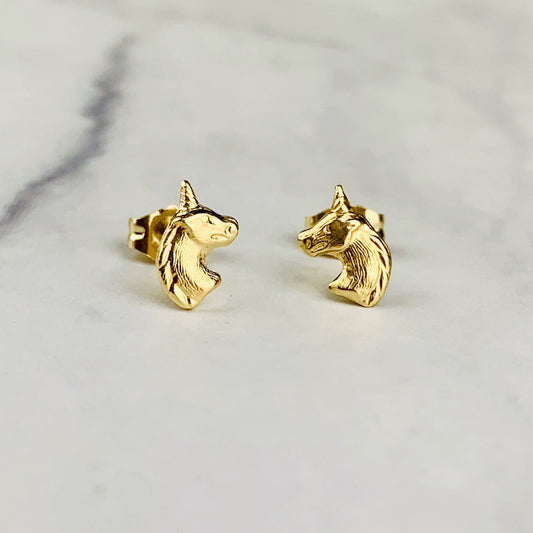 14K Solid Gold Unicorn Stud Earrings