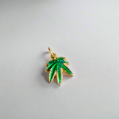 14K Yellow Gold Baked Green Enamel Marijuana Leaf / Cannabis Leaf Charm / Pendant optional 14K Gold/GF Cable Link Chain 16" or 18"