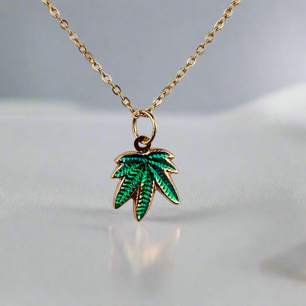 14K Yellow Gold Baked Green Enamel Marijuana Leaf / Cannabis Leaf Charm / Pendant optional 14K Gold/GF Cable Link Chain 16" or 18"