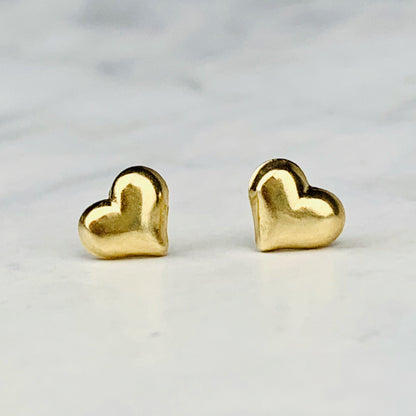 14K Yellow Gold Small Puffy Heart Stud Earrings - Solid Gold