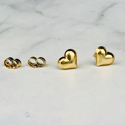 14K Yellow Gold Small Puffy Heart Stud Earrings - Solid Gold